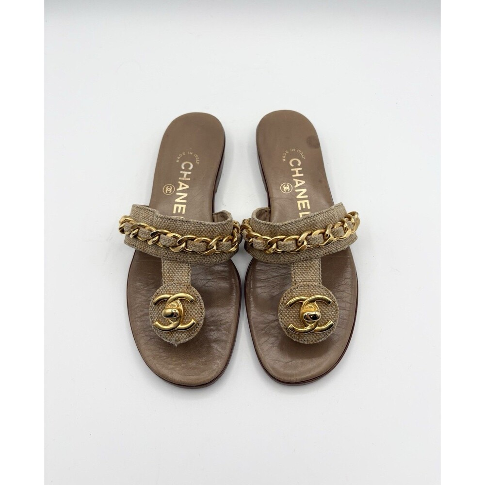 Chanel Beige Leather Sandals Gold CC Turnlock and Chain Vintage Sz EU 36